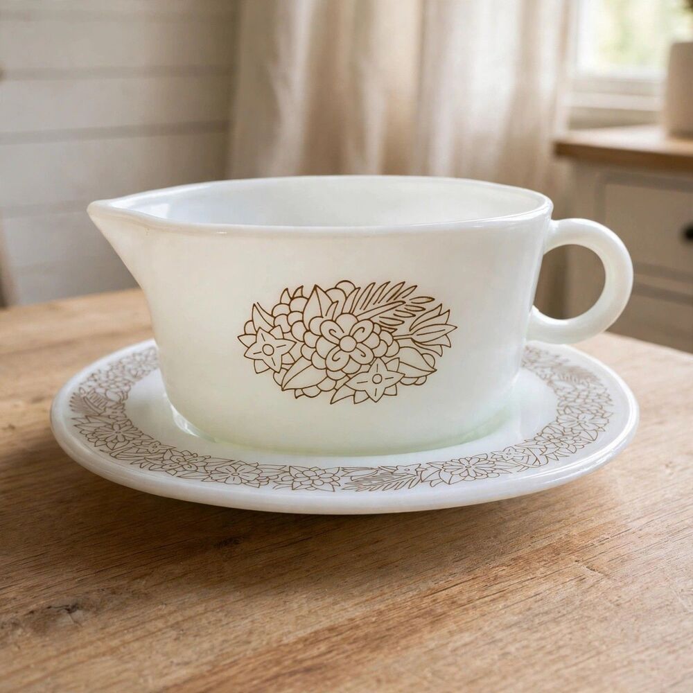 VTG Pyrex Woodland Brown Gravy Boat w/ Underplate 77-B 77-U Milk Glass